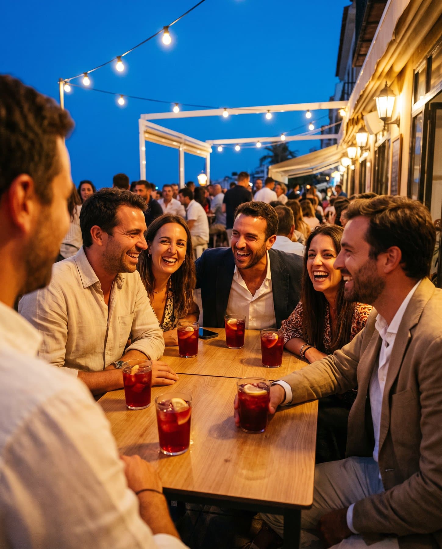 Vrienden op een terras bij avondlicht, lichtjes en glazen tinto de verano geheven