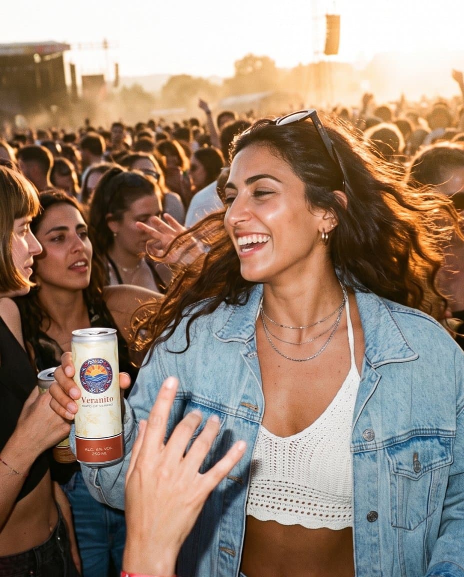 Lachende vrouw met een blikje Veranito in een festivalmenigte bij zonsondergang