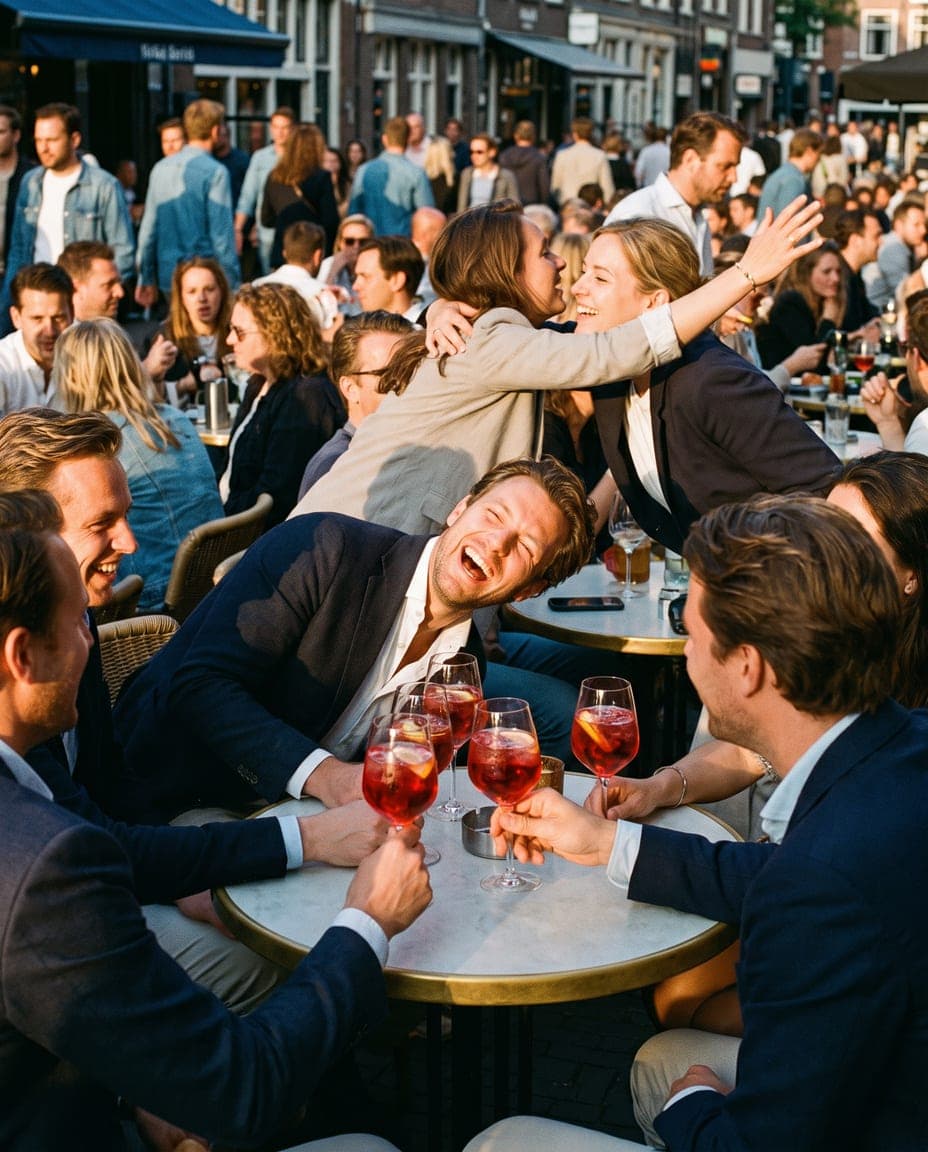 Vrienden aan een tafeltje op een terras, met ingeschonken glazen tinto de verano