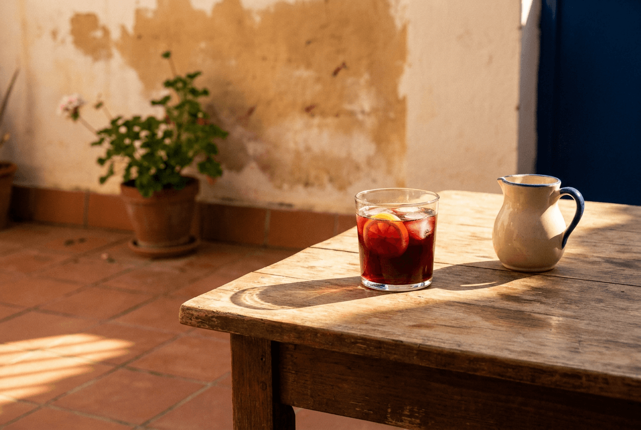 Een glas tinto de verano op een houten tafel op een Spaans terras, met warm zijlicht